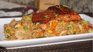 Easy Shrimp amp Salmon Fried Rice Recipe  How to Make Chinese Fried Rice  better than Take Out [upl. by Novak]